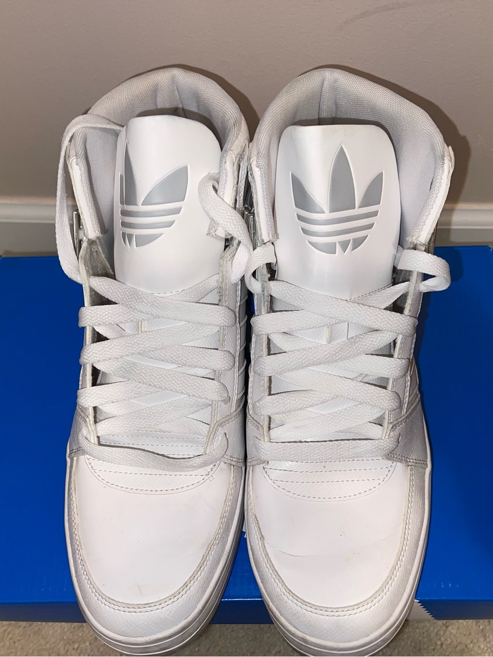Men’s All-White Adidas Roundhouse Mid Sneakers